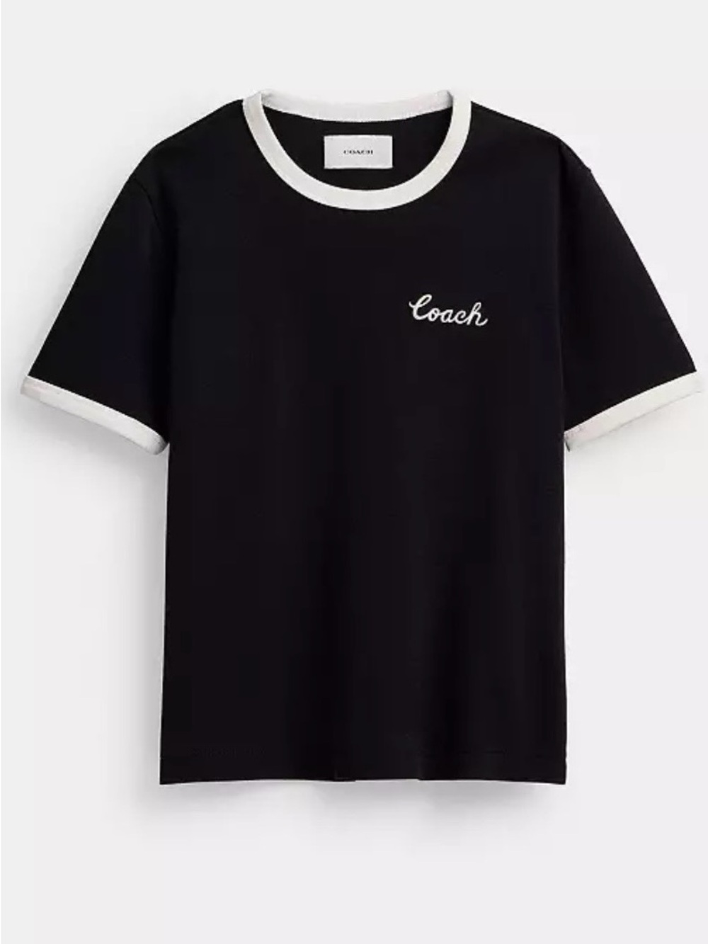 Coach Women’s Black Short Sleeve Ringer Tee w. White Trim & Script Logo Size XL